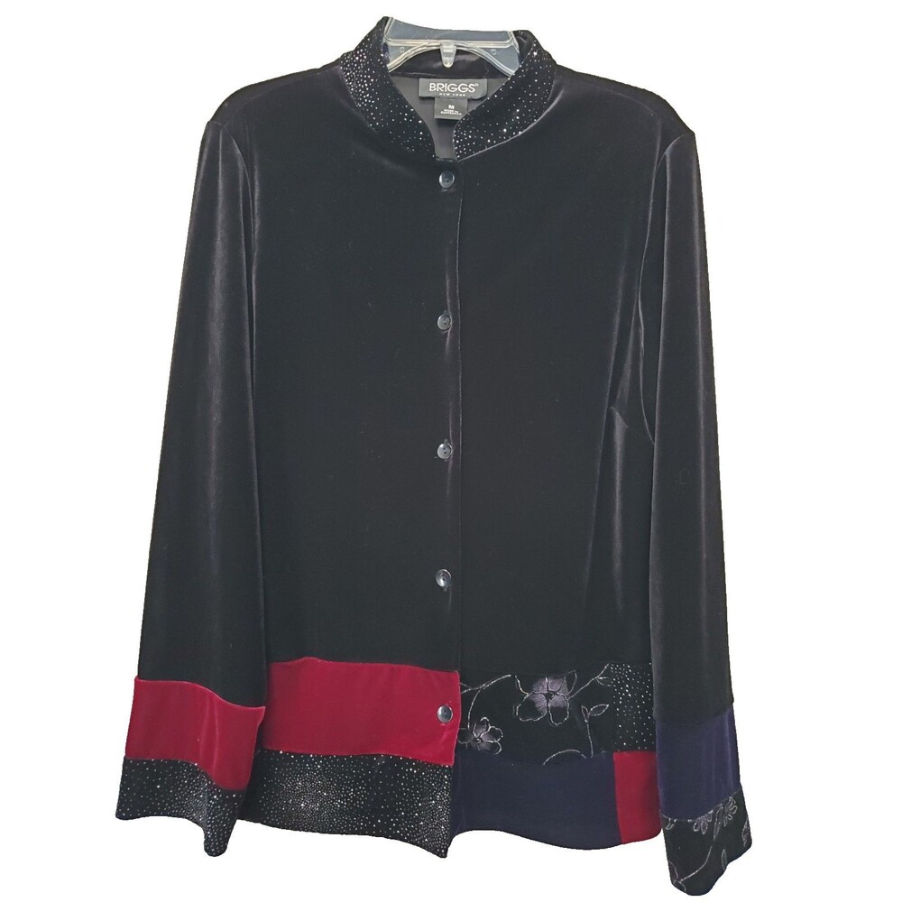 Briggs Black Stretch Velvet Patchwork Shimmer Embroidered Button-Up Top Size MED
